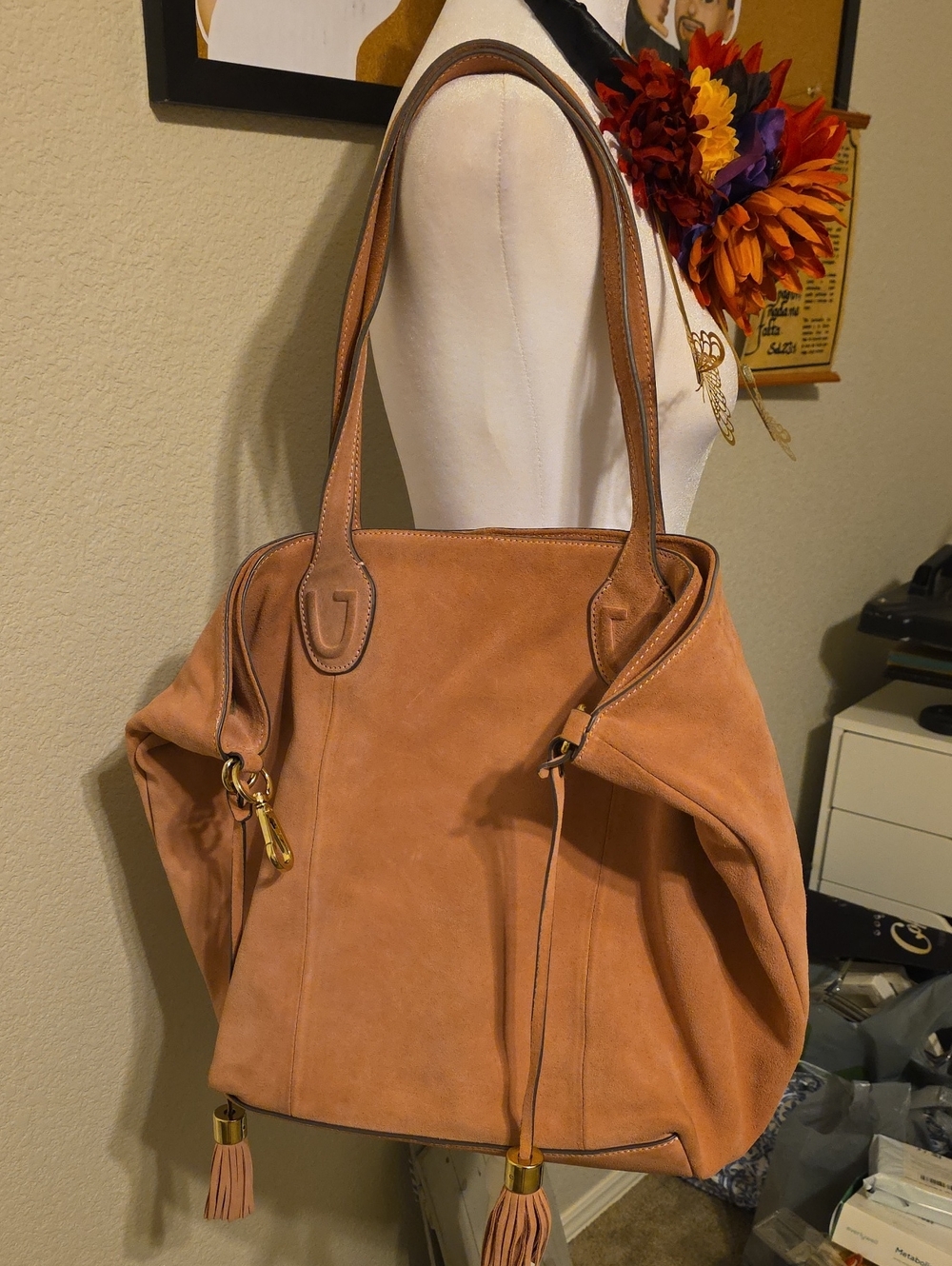 Suede Tassel Shoulder Bag in Tan